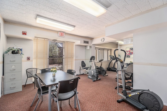 workout area featuring visible vents and carpet floors