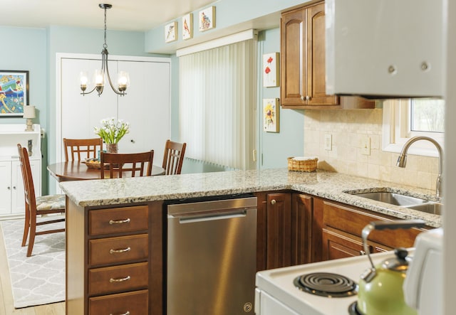 11630 Mcclumpha Rd, Plymouth, MI 48170 - kitchen with brown cabinets, a sink, white range with electric stovetop, a peninsula, and stainless steel dishwasher