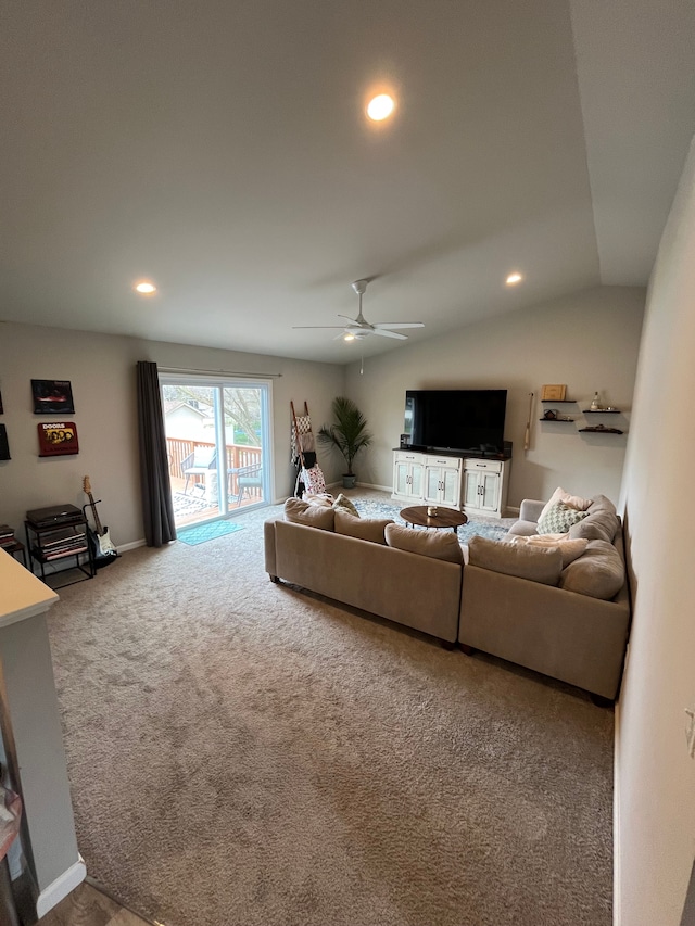 carpeted living room with a ceiling fan and recessed lighting