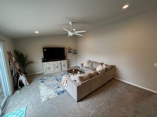 carpeted living room with baseboards, a ceiling fan, vaulted ceiling, and recessed lighting