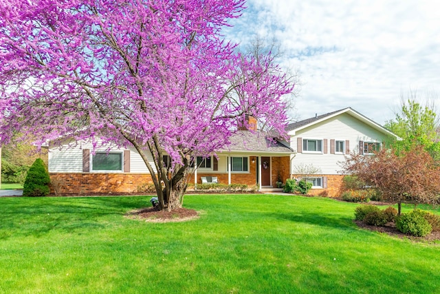 view of front of home with a chimney, a front yard, and brick siding