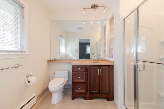bathroom featuring toilet, tile patterned floors, a shower stall, and a baseboard radiator