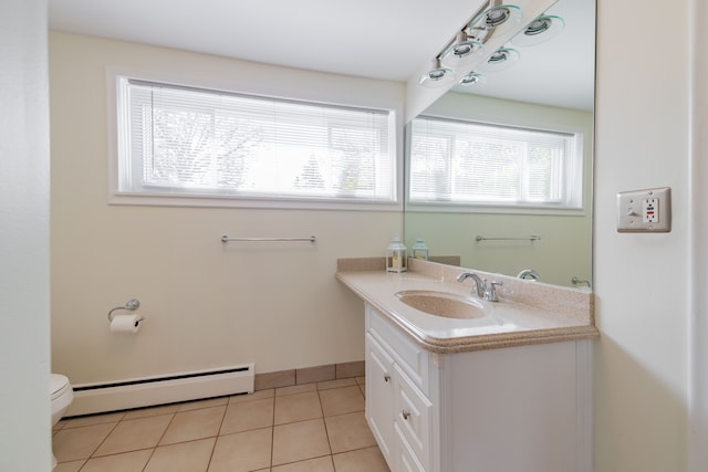 bathroom featuring vanity, tile patterned flooring, baseboard heating, and toilet