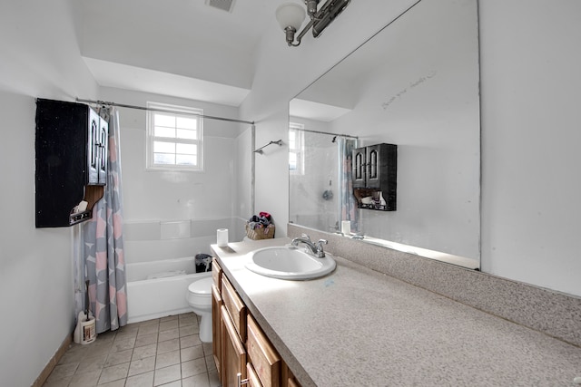 bathroom with tile patterned flooring, vanity, toilet, shower / bath combo with shower curtain, and visible vents