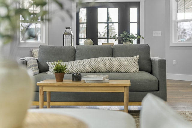 living area featuring baseboards and wood finished floors