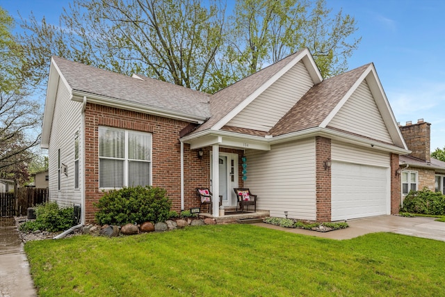 view of front of property with brick siding, an attached garage, concrete driveway, and roof with shingles