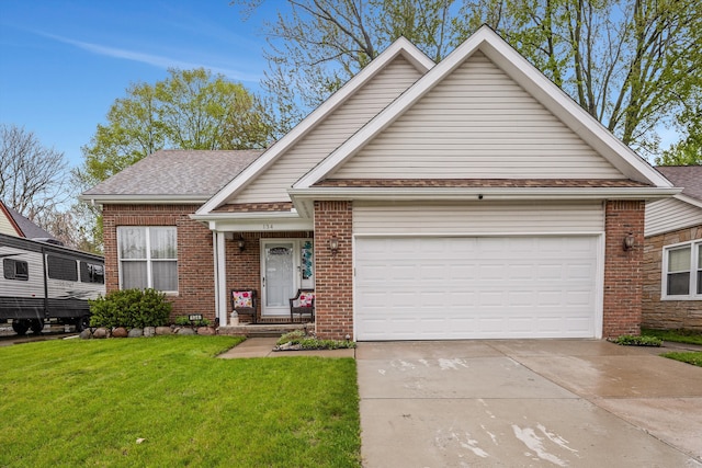 view of front facade with driveway, brick siding, a garage, a front lawn, and roof with shingles