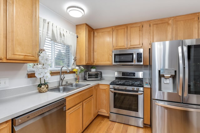 kitchen with stainless steel appliances, a sink, light countertops, and light wood finished floors