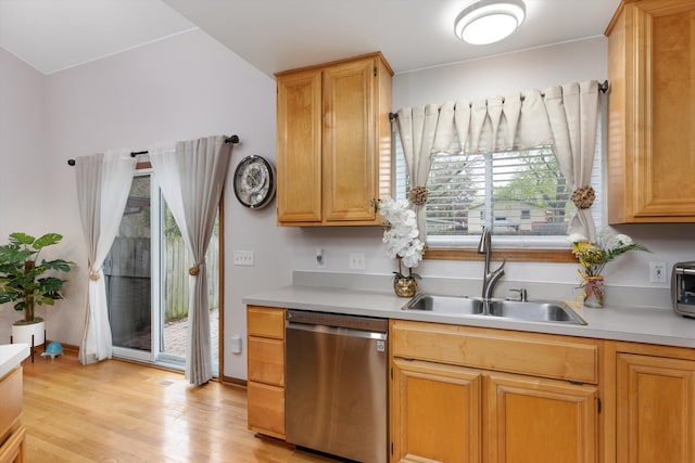 kitchen featuring stainless steel dishwasher, a sink, light countertops, and light wood-style flooring