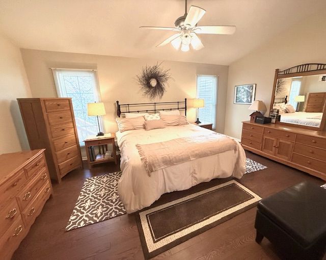 bedroom featuring multiple windows, vaulted ceiling, and dark wood finished floors