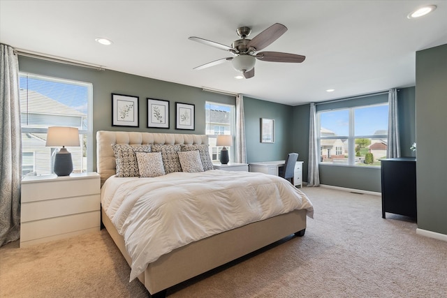 bedroom featuring baseboards, a ceiling fan, recessed lighting, and light colored carpet