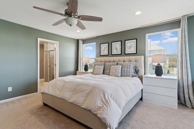 bedroom with recessed lighting, ceiling fan, light colored carpet, and baseboards