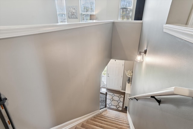 stairs with a towering ceiling and wood finished floors