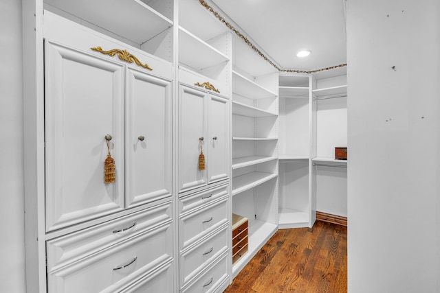 walk in closet with dark wood-style flooring