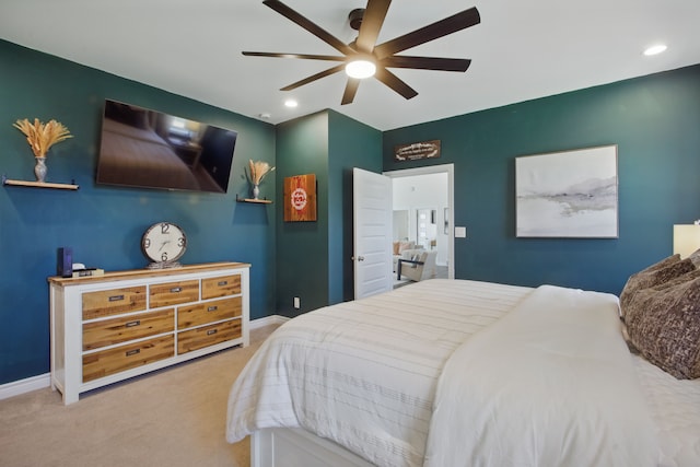 bedroom featuring baseboards, recessed lighting, a ceiling fan, and carpet
