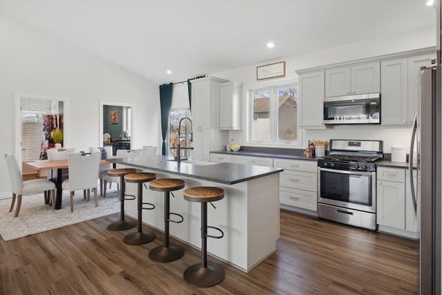 kitchen featuring lofted ceiling, a sink, dark countertops, stainless steel appliances, and dark wood-style flooring