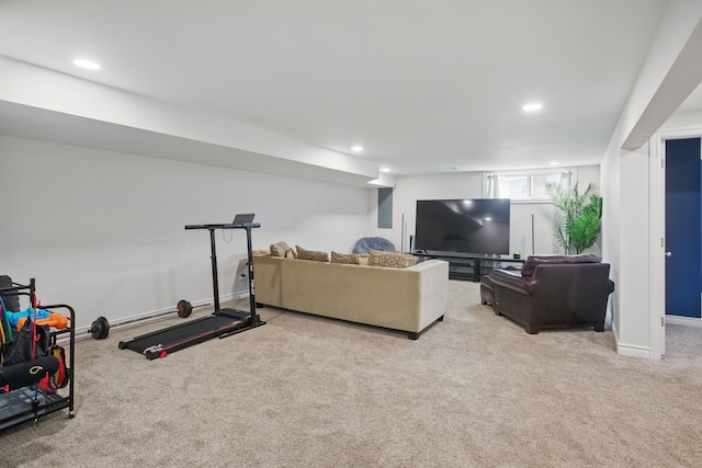 living room with recessed lighting, carpet flooring, and baseboards