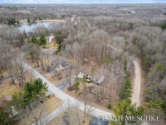 drone / aerial view featuring a water view and a forest view