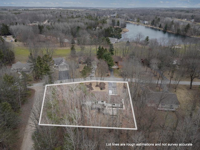 bird's eye view with a water view and a wooded view