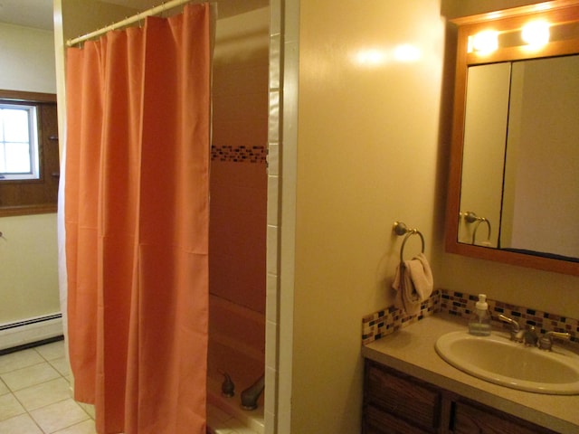 bathroom with a baseboard radiator, vanity, a shower with curtain, and tile patterned flooring