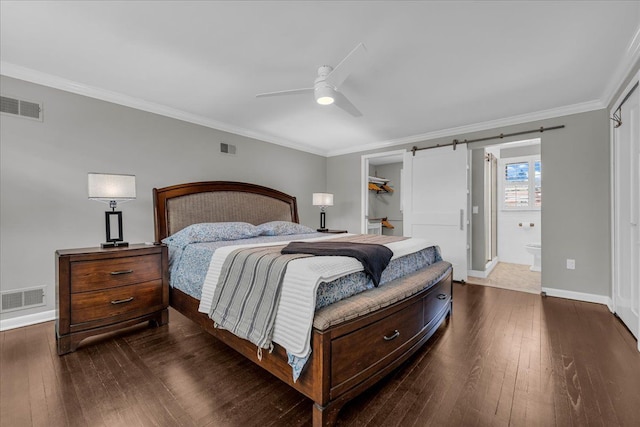 bedroom featuring visible vents, dark wood-type flooring, and crown molding