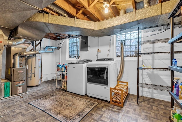 laundry area with independent washer and dryer, laundry area, water heater, heating unit, and electric panel
