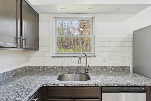 kitchen featuring dark stone counters, a sink, decorative backsplash, dishwasher, and dark brown cabinets