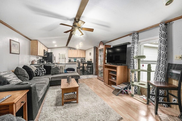 living area featuring lofted ceiling, light wood finished floors, ceiling fan, and ornamental molding