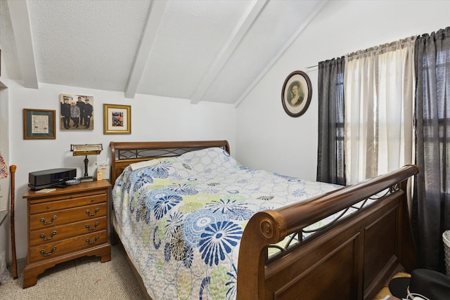 bedroom with vaulted ceiling with beams and light carpet