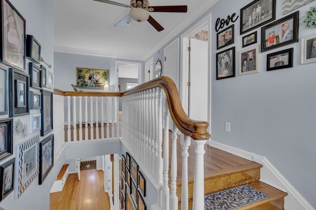 staircase featuring wood finished floors, ceiling fan, crown molding, and baseboards