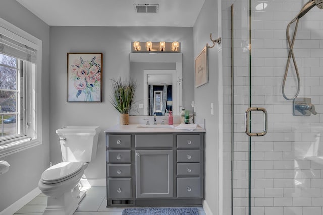 full bath with toilet, a stall shower, visible vents, baseboards, and tile patterned flooring