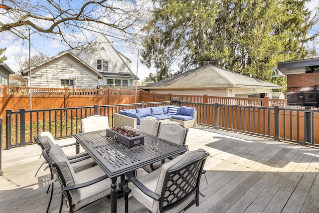 wooden deck with a fenced backyard, outdoor lounge area, and outdoor dining area