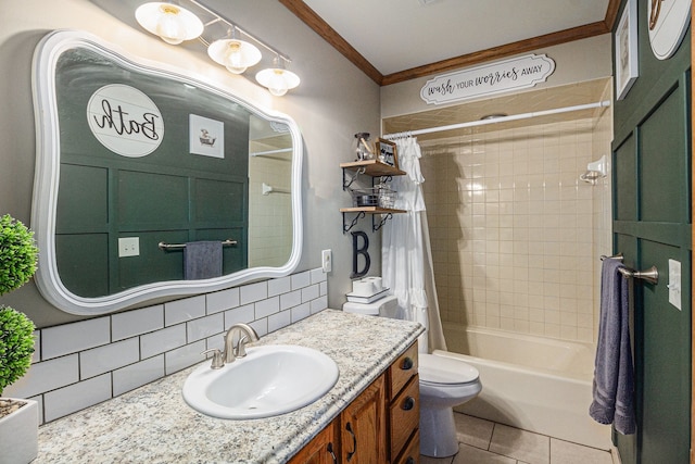 bathroom featuring tile patterned floors, backsplash, vanity, shower / tub combo, and crown molding