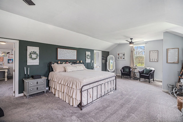 bedroom with lofted ceiling, carpet, ceiling fan, and baseboards