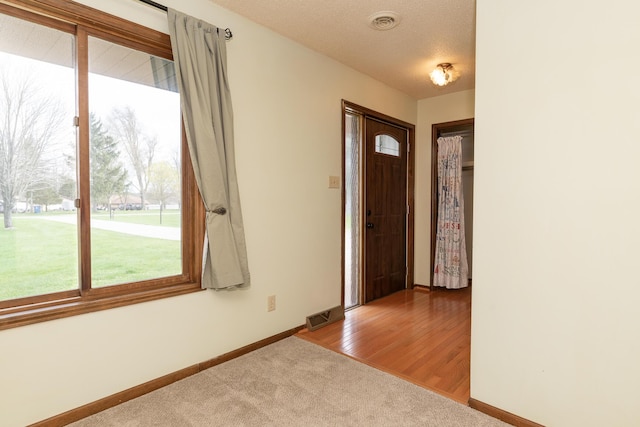 carpeted entrance foyer featuring visible vents and baseboards