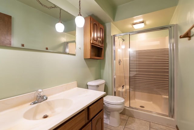 full bath with a shower stall, toilet, tile patterned flooring, and vanity
