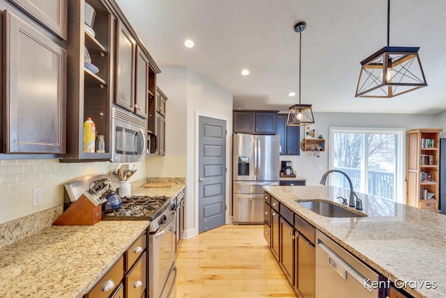 kitchen featuring open shelves, light wood-type flooring, tasteful backsplash, a sink, and stainless steel appliances