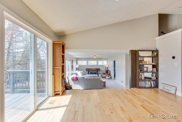 living area featuring wood-type flooring, a fireplace, and high vaulted ceiling