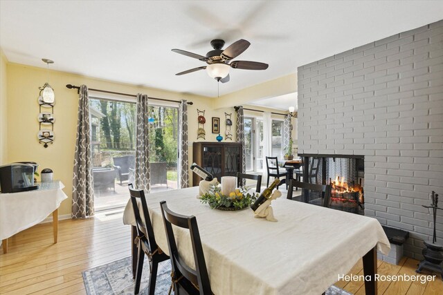1456 54th St SE, Grand Rapids, MI 49508 - dining space featuring a fireplace, ceiling fan, baseboards, and light wood-style floors