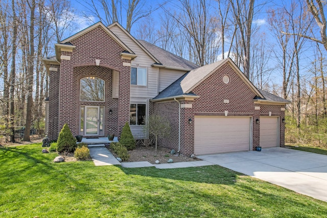 50477 Edith St, Chesterfield, MI 48047 - traditional home with brick siding, an attached garage, driveway, a front lawn, and roof with shingles