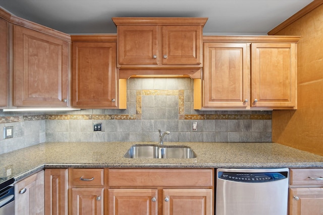 29691 Sierra Pointe Cir, Farmington Hills, MI 48331 - kitchen with backsplash, light stone countertops, a sink, and dishwasher