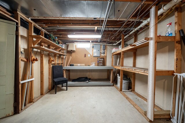 below grade area featuring a workshop area and electric panel
