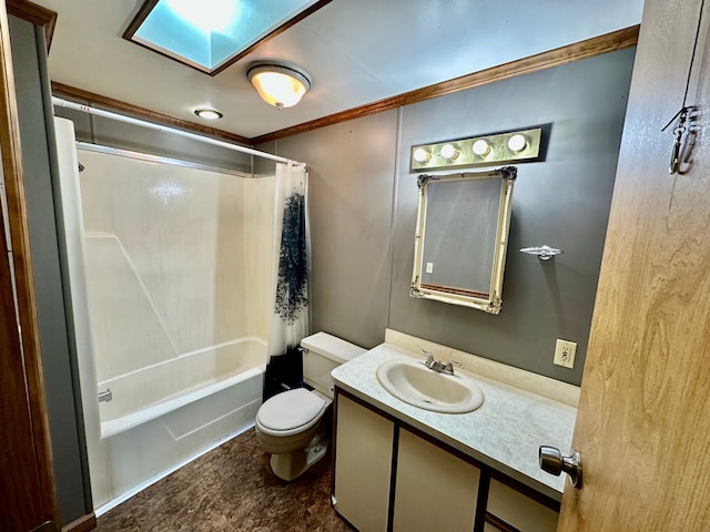 1088 Kern Rd, Fowlerville, MI 48836 - bathroom with a skylight, toilet, ornamental molding, vanity, and shower / bath combination with curtain