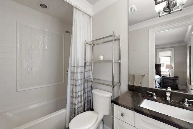 1011 Pierce St, Birmingham, MI 48009 - ensuite bathroom featuring toilet, shower / tub combo with curtain, visible vents, vanity, and ornamental molding