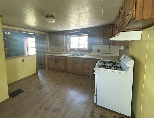 kitchen featuring brown cabinetry, a wealth of natural light, under cabinet range hood, a sink, and white range with gas stovetop