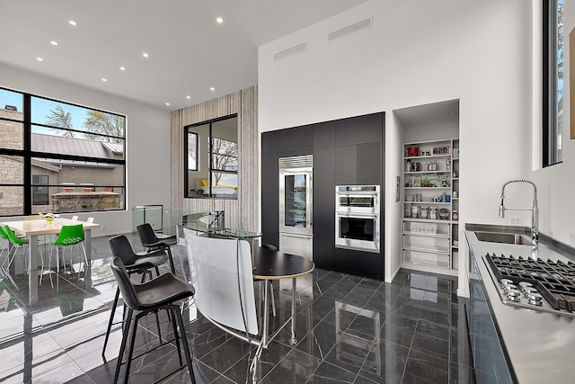 kitchen featuring a sink, appliances with stainless steel finishes, a towering ceiling, recessed lighting, and dark cabinetry