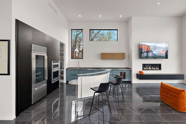 kitchen with stainless steel appliances, dark cabinets, recessed lighting, modern cabinets, and a towering ceiling