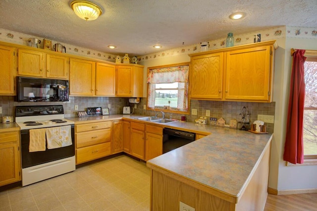 1414 Plains Rd, Leslie, MI 49251 - kitchen featuring black appliances, a peninsula, a textured ceiling, and a sink