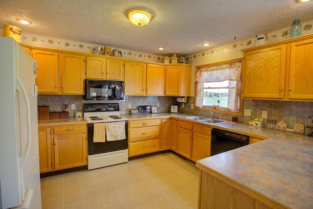 1414 Plains Rd, Leslie, MI 49251 - kitchen featuring a textured ceiling, a sink, black appliances, light floors, and backsplash
