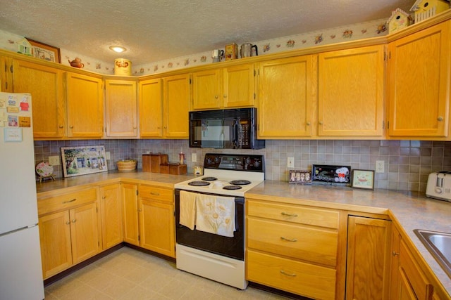 1414 Plains Rd, Leslie, MI 49251 - kitchen featuring a textured ceiling, white appliances, light countertops, and backsplash